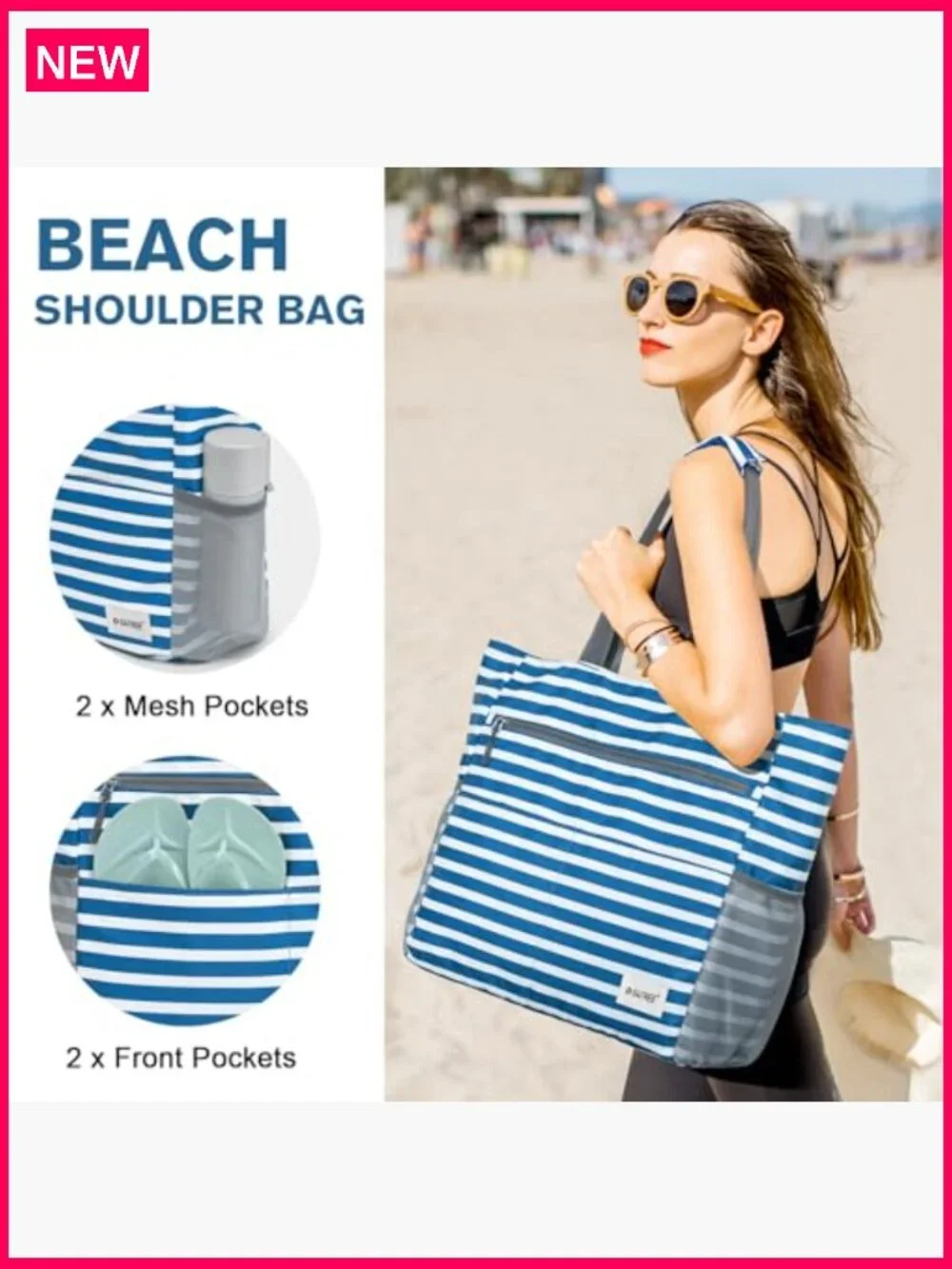 Large Waterproof Beach Tote Foldable Travel Bag with Pockets